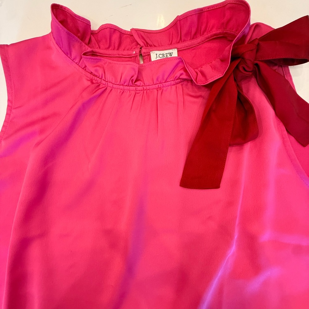 J. Crew Sleeveless Bow-Neck Silk Shell — Fuchsia Pink - Picture 3 of 9